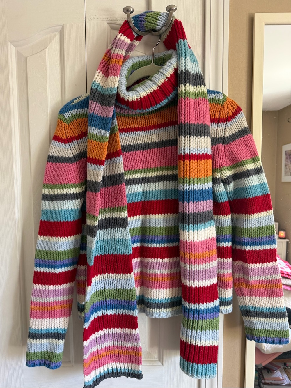 Vintage 2000 Gap holiday rainbow striped chunky knit turtleneck scarf SET